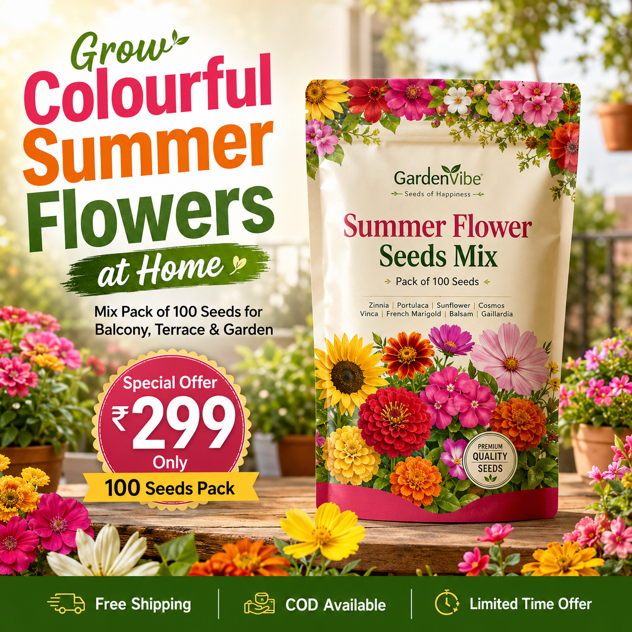 Premium Summer Flower Seeds Mix – 100 Seeds for Home Garden, Balcony & Terrace