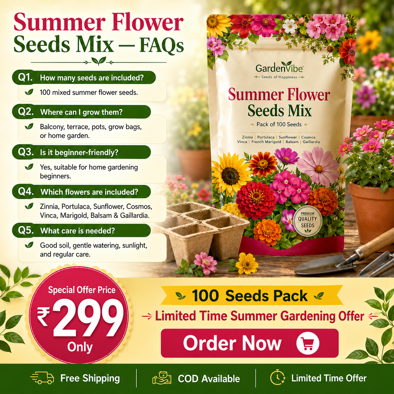 Premium Summer Flower Seeds Mix – 100 Seeds for Home Garden, Balcony & Terrace