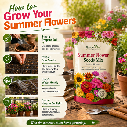 Premium Summer Flower Seeds Mix – 100 Seeds for Home Garden, Balcony & Terrace