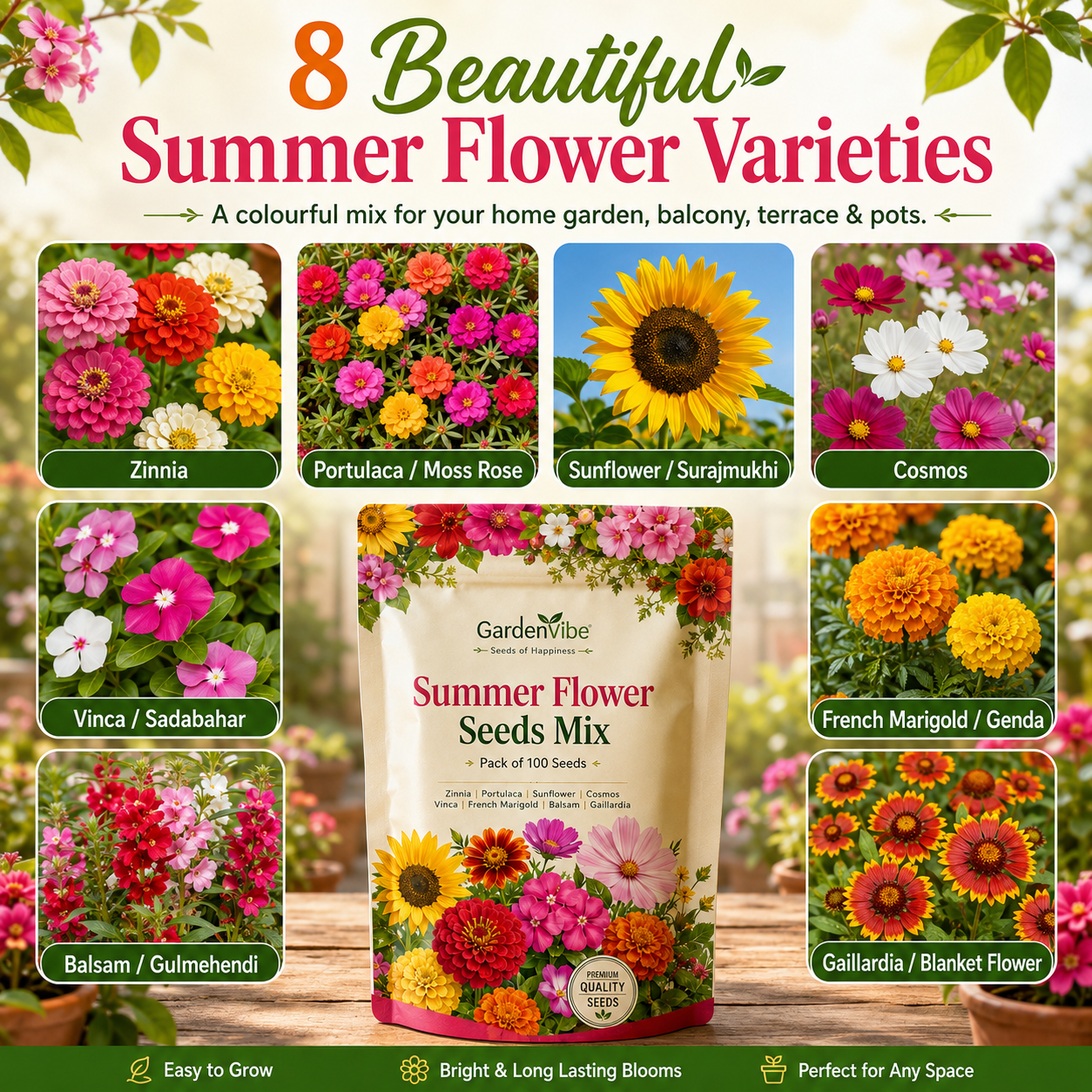Premium Summer Flower Seeds Mix – 100 Seeds for Home Garden, Balcony & Terrace