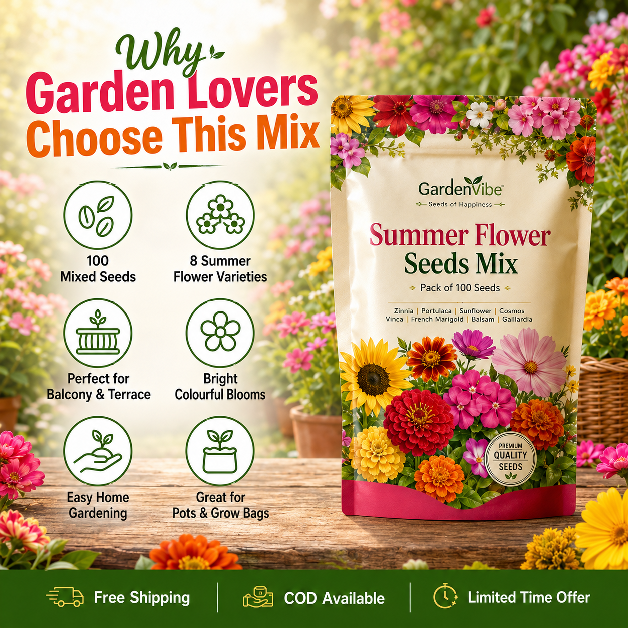 Premium Summer Flower Seeds Mix – 100 Seeds for Home Garden, Balcony & Terrace
