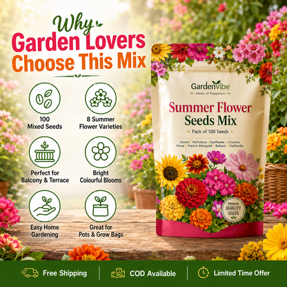 Premium Summer Flower Seeds Mix – 100 Seeds for Home Garden, Balcony & Terrace