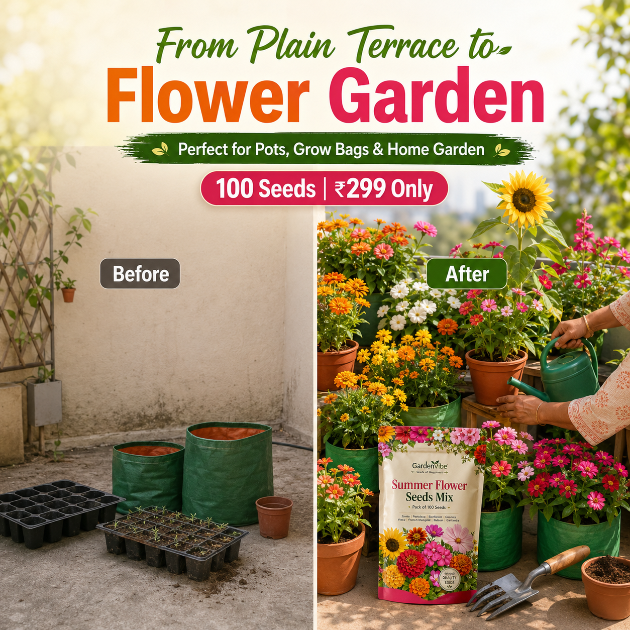 Premium Summer Flower Seeds Mix – 100 Seeds for Home Garden, Balcony & Terrace
