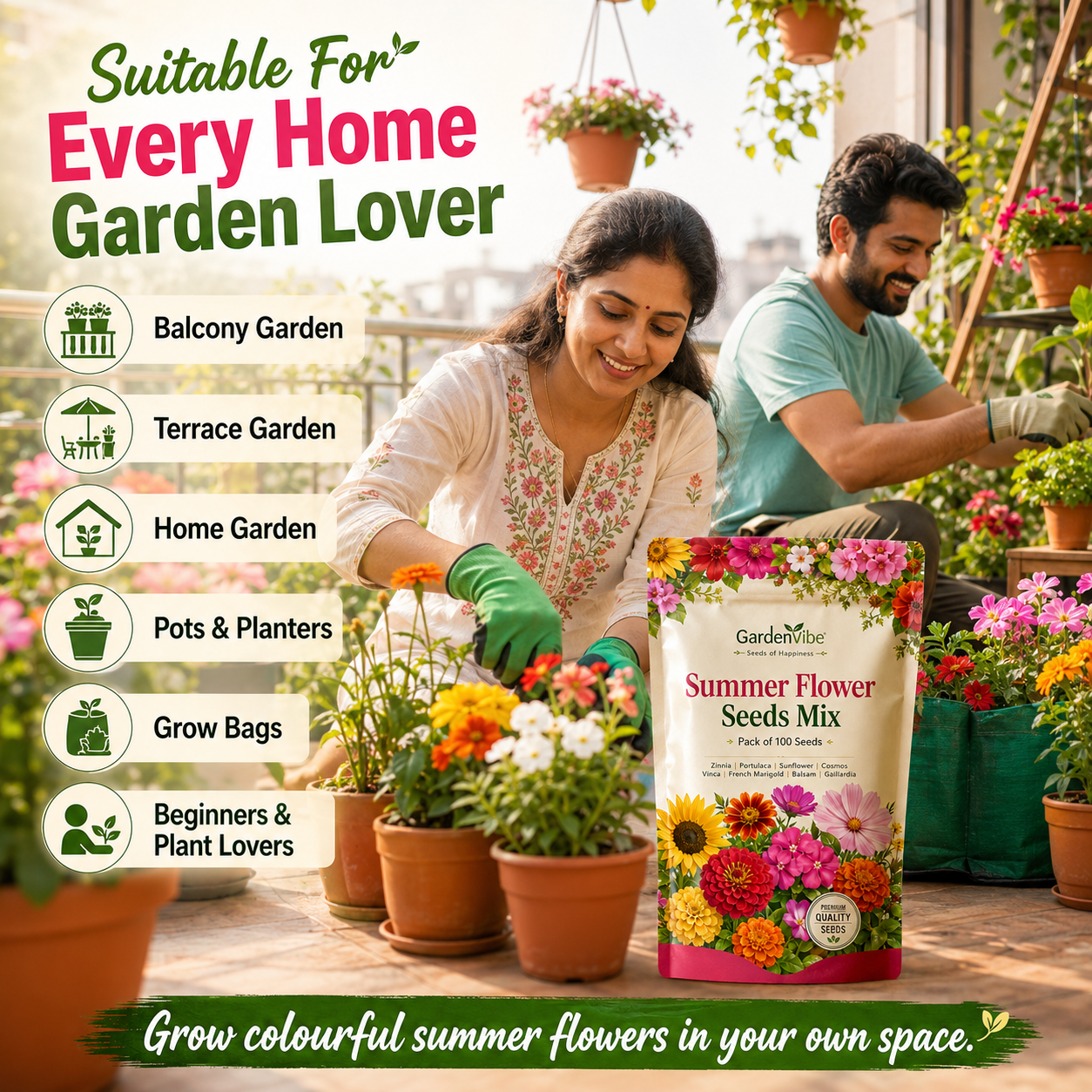 Premium Summer Flower Seeds Mix – 100 Seeds for Home Garden, Balcony & Terrace